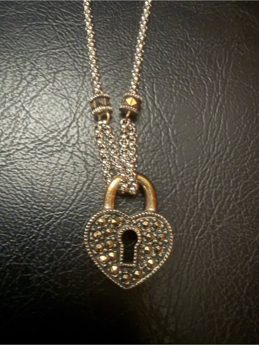 Vintage JUDITH JACK JJ Sterling Silver Marcasite Heart Lock Chain Necklace 16.5”